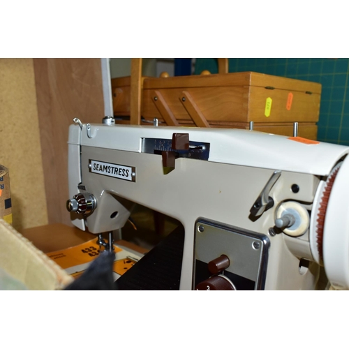 571 - SEWING INTEREST: SIX BOXES AND LOOSE SEWING MACHINE, QUILTING/EMBROIDERY FRAMES, FABRIC, TOOLS AND E... 