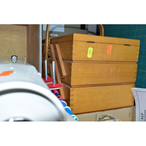 571 - SEWING INTEREST: SIX BOXES AND LOOSE SEWING MACHINE, QUILTING/EMBROIDERY FRAMES, FABRIC, TOOLS AND E... 