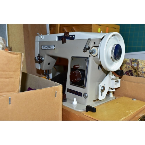 571 - SEWING INTEREST: SIX BOXES AND LOOSE SEWING MACHINE, QUILTING/EMBROIDERY FRAMES, FABRIC, TOOLS AND E... 