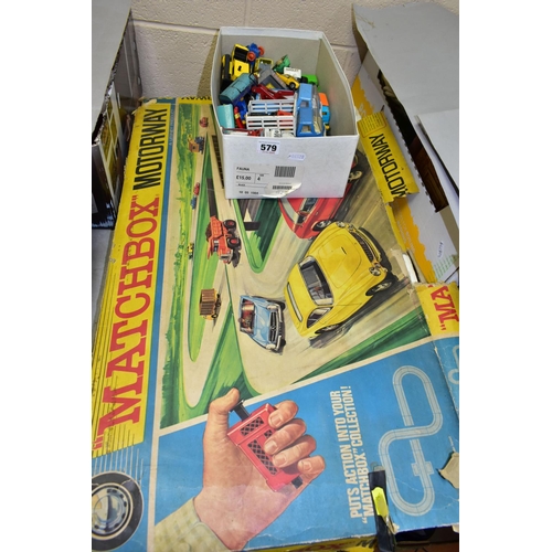 579 - A SHOEBOX CONTAINING A QUANTITY OF PLAYWORN DIECAST VEHICLES ETC, to include a Dinky Lunar Roving ve... 