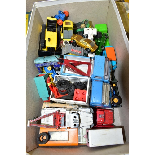 579 - A SHOEBOX CONTAINING A QUANTITY OF PLAYWORN DIECAST VEHICLES ETC, to include a Dinky Lunar Roving ve... 