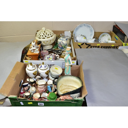 581 - THREE BOXES OF ASSORTED CERAMICS ETC, to include Coalport 'Strange Orchid' and 'Pageant' covered urn... 