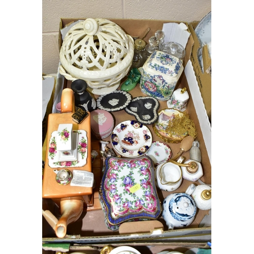 581 - THREE BOXES OF ASSORTED CERAMICS ETC, to include Coalport 'Strange Orchid' and 'Pageant' covered urn... 