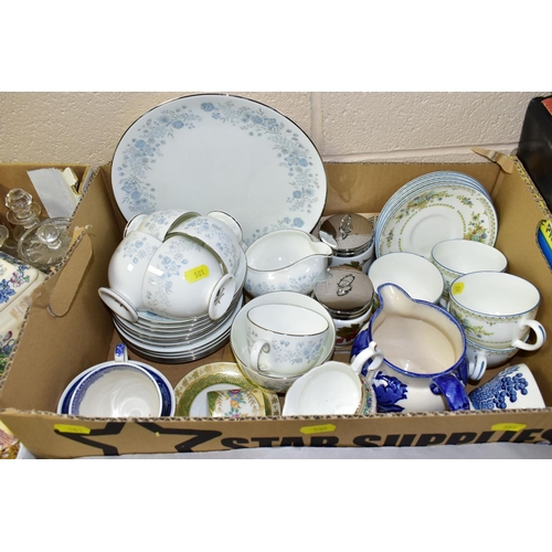 581 - THREE BOXES OF ASSORTED CERAMICS ETC, to include Coalport 'Strange Orchid' and 'Pageant' covered urn... 