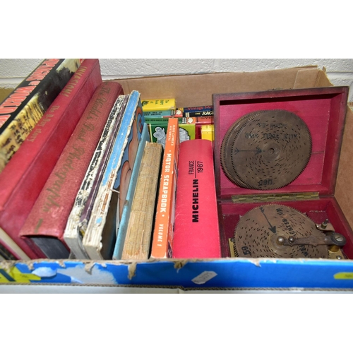 584 - TWO BOXES OF SUNDRY ITEMS ETC, to include a Thorens music box with five discs, Batsford car pocket b... 