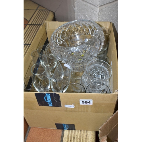 594 - TWO BOXES OF CUT CRYSTAL BOWLS, DRINKING GLASSES AND METALWARE, to include cut crystal rose bowls, f... 