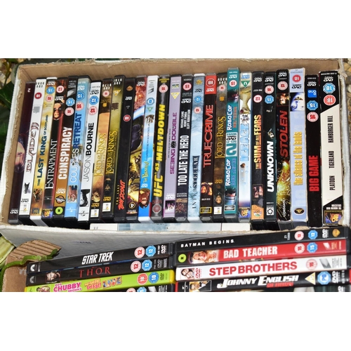 595 - THREE BOXES OF OVER SIXTY ASSORTED DVDS, to include titles such as Shrek, Shameless, Spooks, Spying ... 