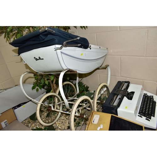 597 - A DOLL'S SILVER CROSS PRAM, ELECTRONIC TYPEWRITER AND VINTAGE CALCULATOR, comprising a coach built d... 