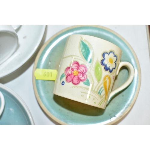 601 - A COLLECTION OF SUSIE COOPER DESIGN COFFEE CUPS AND SAUCERS AND TWO OTHER TRIOS, the Susie Cooper to... 