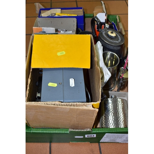 603 - SUNDRIES, one box containing photographic equipment including a boxed Brownie 8 movie projector, a M... 