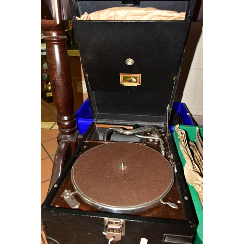 610 - A VINTAGE HMV PORTABLE GRAMOPHONE and three boxes of 78rpm LPs