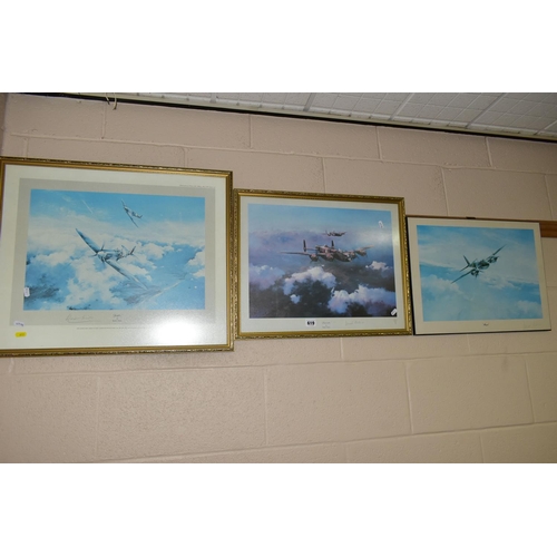 619 - THREE ROBERT TAYLOR MILITARY AVIATION THEMED PRINTS, comprising 'Spitfire' signed in pencil by Dougl... 