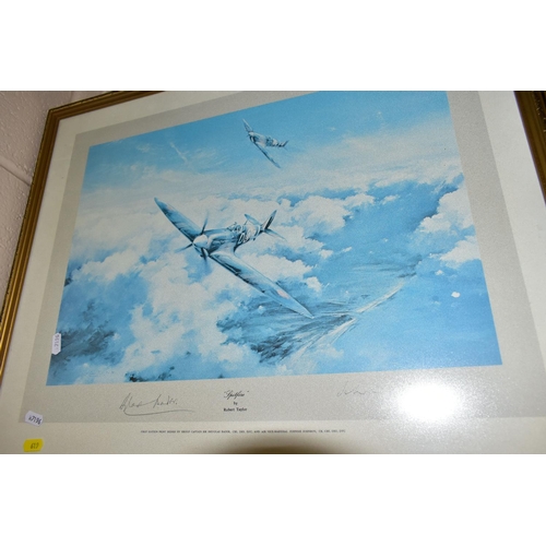 619 - THREE ROBERT TAYLOR MILITARY AVIATION THEMED PRINTS, comprising 'Spitfire' signed in pencil by Dougl... 