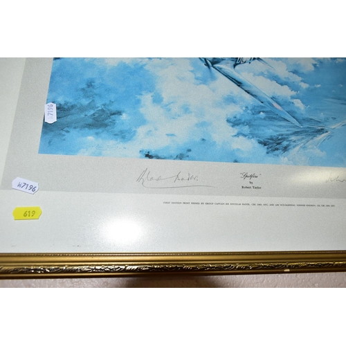 619 - THREE ROBERT TAYLOR MILITARY AVIATION THEMED PRINTS, comprising 'Spitfire' signed in pencil by Dougl... 