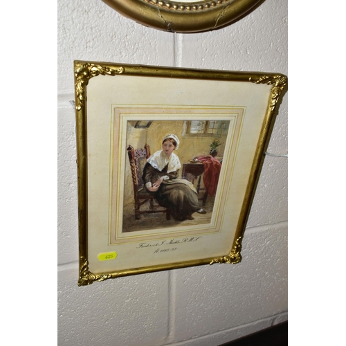 625 - F. SHIELDS, A VICTORIAN LADY IS SITTING IN A CHAIR BESIDE A TABLE, signed F. Shields bottom left, at... 