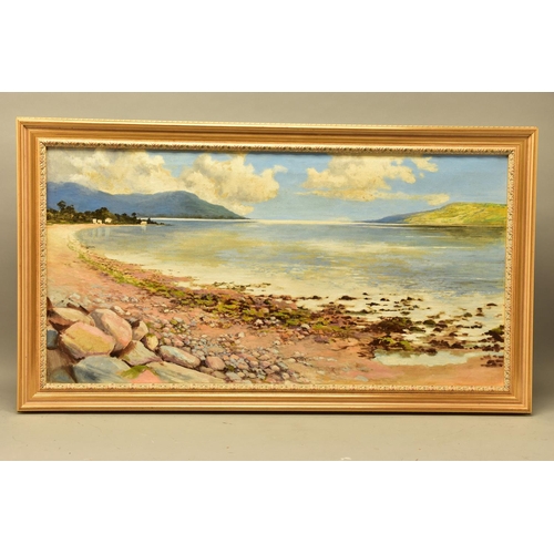 293 - AN EXTENSIVE 20th CENTURY COASTAL LANDSCAPE, OIL ON CANVAS, the stony foreshore leads to calm open s... 