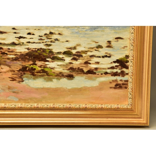 293 - AN EXTENSIVE 20th CENTURY COASTAL LANDSCAPE, OIL ON CANVAS, the stony foreshore leads to calm open s... 