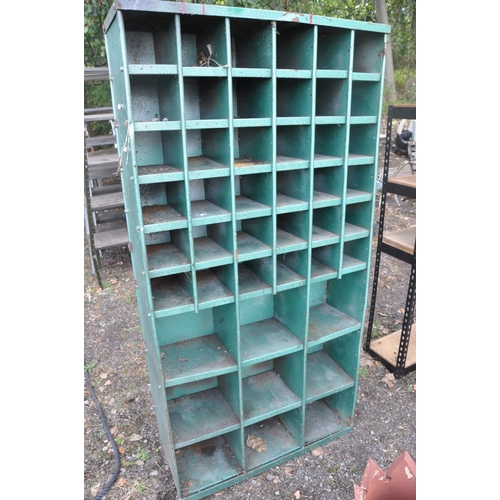 1036 - A VINTAGE METAL WORKSHOP PIDGEON HOLE SHELVING UNIT  with 36 small and 9 larger apertures width 92cm... 