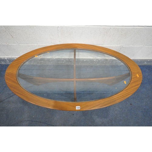 1334 - A 1970'S G PLAN ASTRAL TEAK OVAL COFFEE TABLE, with glass insert, length 122cm x depth 66cm x height... 