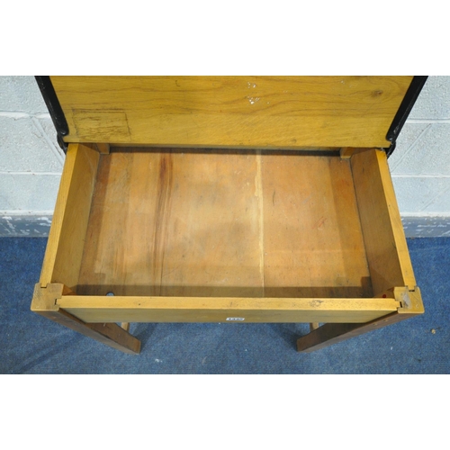 1335 - A PAIR OF 20TH CENTURY OAK SINGLE SCHOOL DESKS, with an metal banded open top lid, ink well section,... 