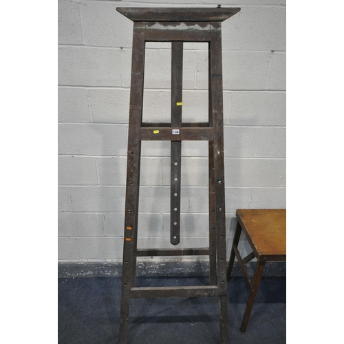 1336 - A TALL OAK ARTIST EASEL, width 70cm x height 190cm, and a collapsing pasting table (condition - pain... 