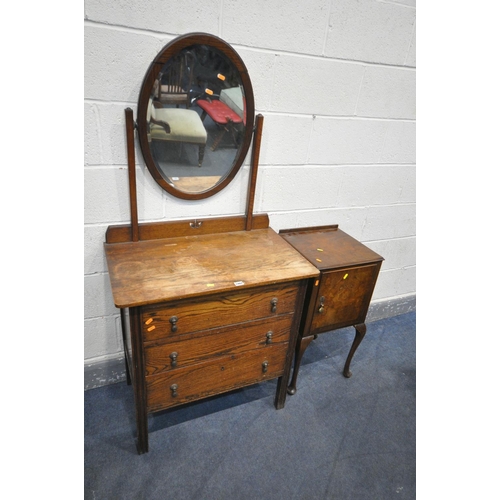 1487 - A SOLID OAK DRESSING CHEST, with a single oval mirror, and three drawers, width 77cm x depth 46cm x ... 