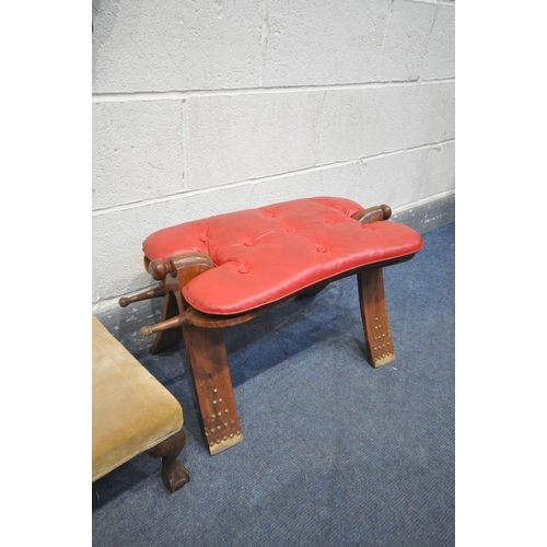 1490 - A 20TH CENTURY HARDWOOD CAMEL STOOL, a mahogany aneroid barometer, a folding oak cake stand and a lo... 