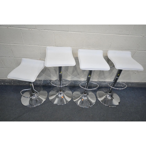 1491 - A SET OF FOUR WHITE LEATHERETTE RISE AND FALL BAR STOOLS, maximum height 85cm x minimum height 85cm ... 