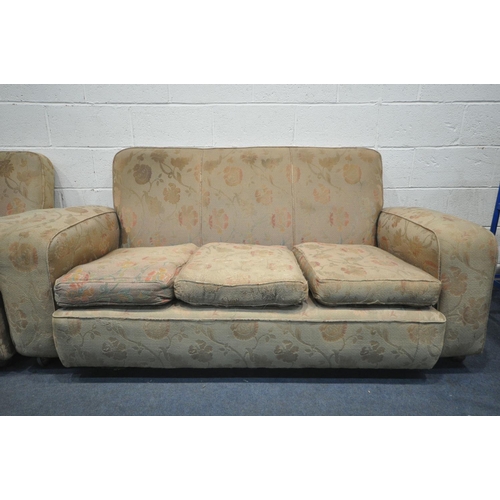 1496 - AN ART DECO LOUNGE SUITE, comprising a three seater settee, length 178cm x depth 96cm x height 94cm,... 