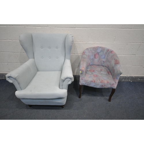 1497 - A LIGHT BLUE UPHOLSTERED WING BACK ARMCHAIR, along with a mid-century floral upholstered tub chair (... 