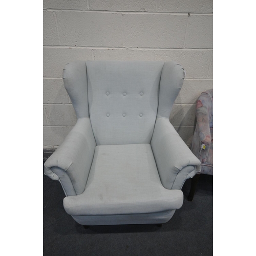 1497 - A LIGHT BLUE UPHOLSTERED WING BACK ARMCHAIR, along with a mid-century floral upholstered tub chair (... 