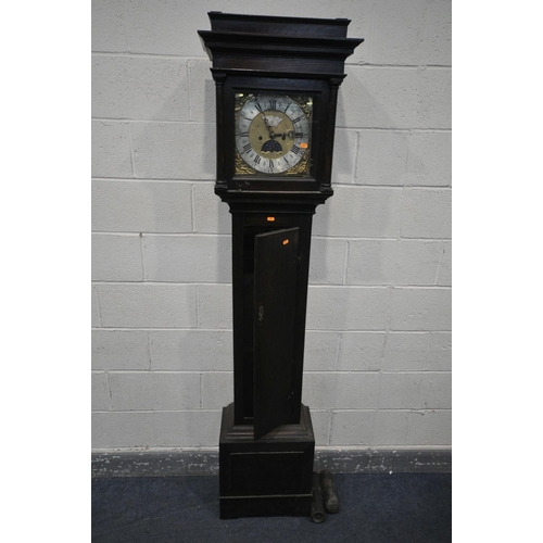 1498 - A GEORGIAN AND LATER OAK EIGHT DAY LONGCASE CLOCK, the hood enclosing a brass and silvered 10.5 inch... 