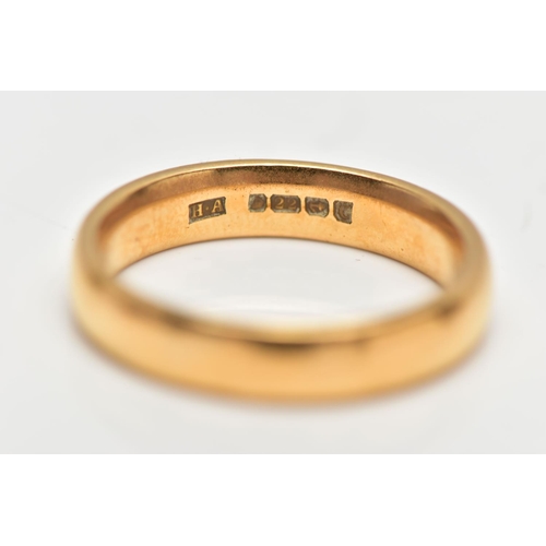 10 - A 22CT GOLD WEDDING BAND RING, hallmarked 'Henry Hyde Aston' Birmingham 1927, ring size O 1/2, appro... 