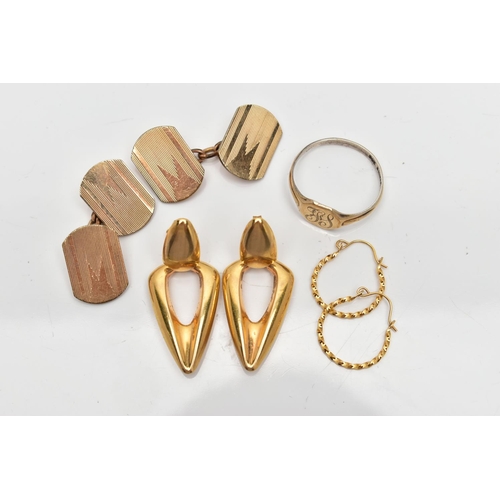 101 - A PAIR OF 9CT GOLD EARRINGS AND ASSORTED YELLOW METAL JEWELLERY, a pair of yellow gold large hollow ... 