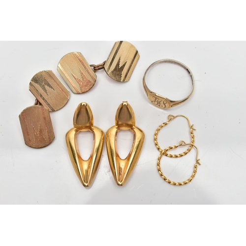 101 - A PAIR OF 9CT GOLD EARRINGS AND ASSORTED YELLOW METAL JEWELLERY, a pair of yellow gold large hollow ... 