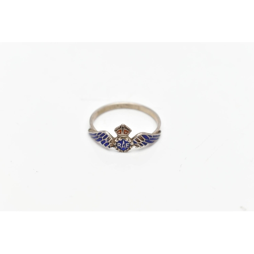 107 - A WHITE METAL RAF RING, comprising the RAF enamelled motif, AF, stamped sterling, ring size O, appro... 