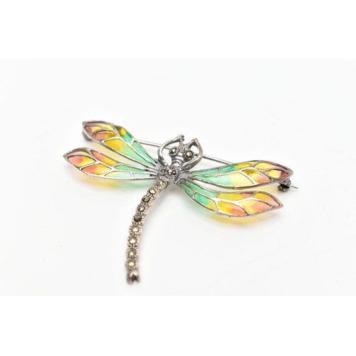 108 - A WHITE METAL PLIQUE A JOUR AND MARCASTITE DRAGONFLY BROOCH, the dragonfly with marcasite set body a... 