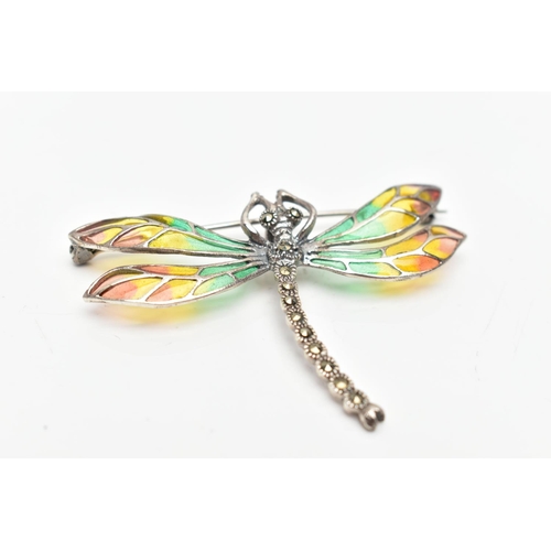 108 - A WHITE METAL PLIQUE A JOUR AND MARCASTITE DRAGONFLY BROOCH, the dragonfly with marcasite set body a... 