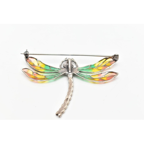 108 - A WHITE METAL PLIQUE A JOUR AND MARCASTITE DRAGONFLY BROOCH, the dragonfly with marcasite set body a... 