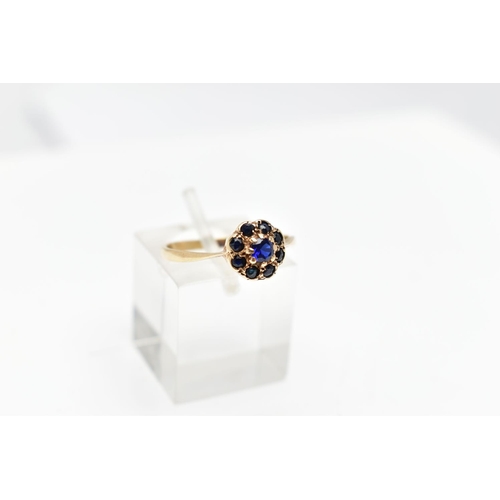 111 - A 9CT GOLD SAPPHIRE CLUSTER RING, the circular cut central sapphire with similar cut sapphire surrou... 