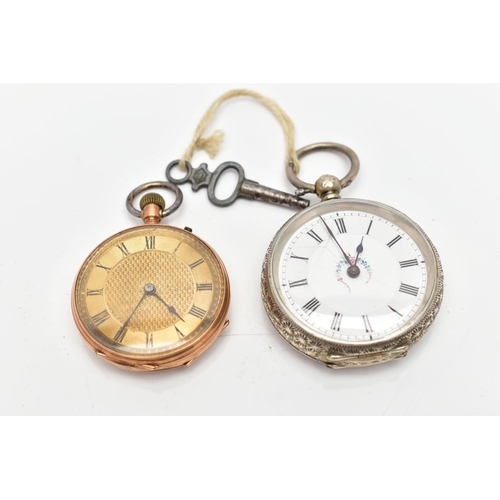 114 - TWO OPEN FACE POCKET WATCHES, the first comprising a champagne circular dial, with Roman numeral mar... 