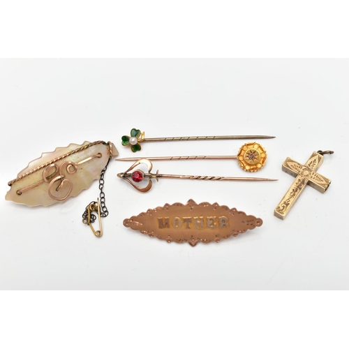 115 - AN ASSORTMENT OF YELLOW METAL STICKPINS AND BROOCHES, the first stickpin an enamel and cultured pear... 