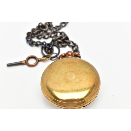 118 - AN OPENFACE POCKET WATCH WITH ALBERT CHAIN, key winding, round white dial, Roman numerals, gold tone... 