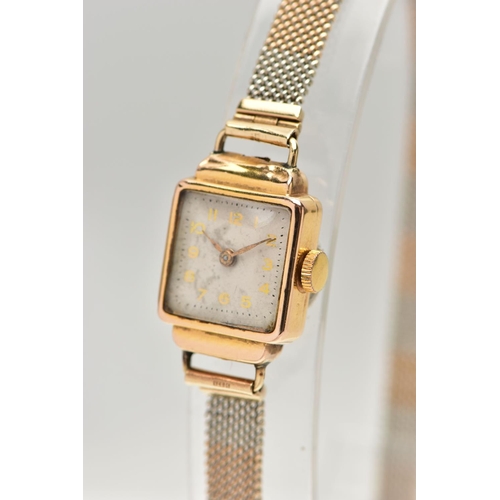 12 - A LADIES WRISTWATCH, hand wound movement, square white dial, Arabic numerals, gold tone hands, withi... 