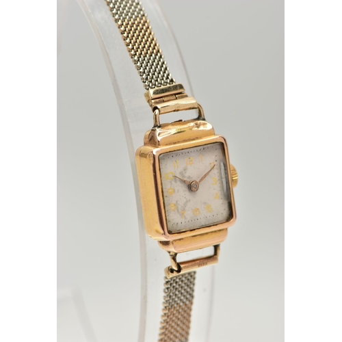 12 - A LADIES WRISTWATCH, hand wound movement, square white dial, Arabic numerals, gold tone hands, withi... 