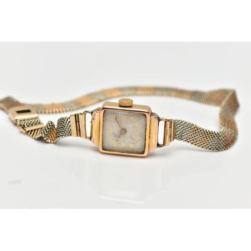 12 - A LADIES WRISTWATCH, hand wound movement, square white dial, Arabic numerals, gold tone hands, withi... 