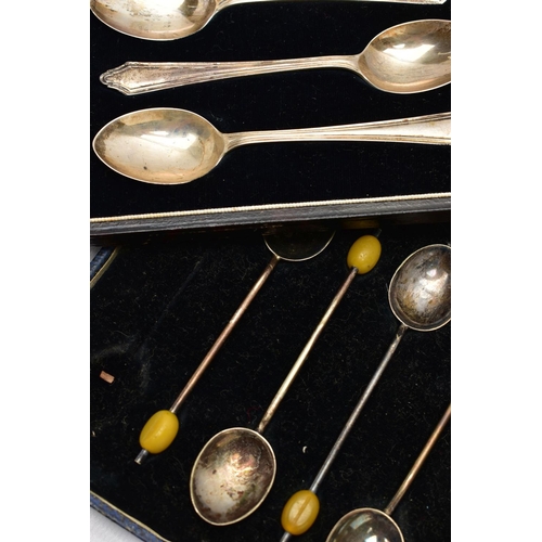 126 - TWO PARTIAL SETS OF TEASPOONS BOTH CASED, the first comprising five silver teaspoons with tapered ha... 