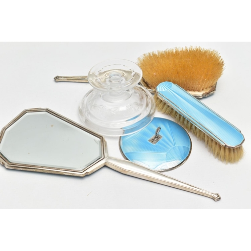 134 - A FOUR PIECE SILVER GUILLOCHE ENAMEL VANITY SET, comprising of a hair brush, clothes brush, hand hel... 