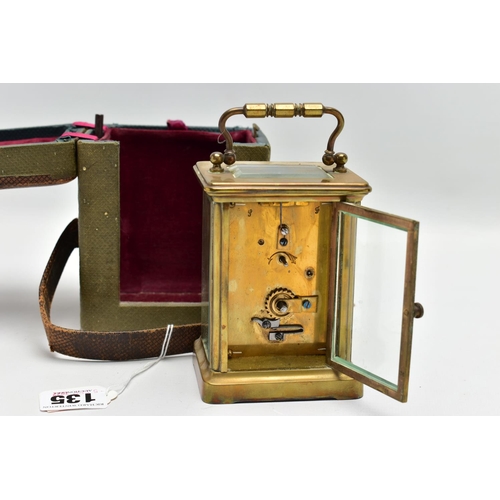 135 - A CARRIAGE CLOCK WITH CASE, a brass carriage clock with glass viewing panels, white dial with Roman ... 