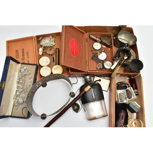 141 - A BOX OF ASSORTED ITEMS, to include a double ended red glass scent bottle, a wooden smoking pipe, a ... 